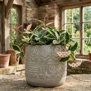Floral Concrete Planter 7 Inch - Grey Cement Plant Pot for Indoor Outdoor